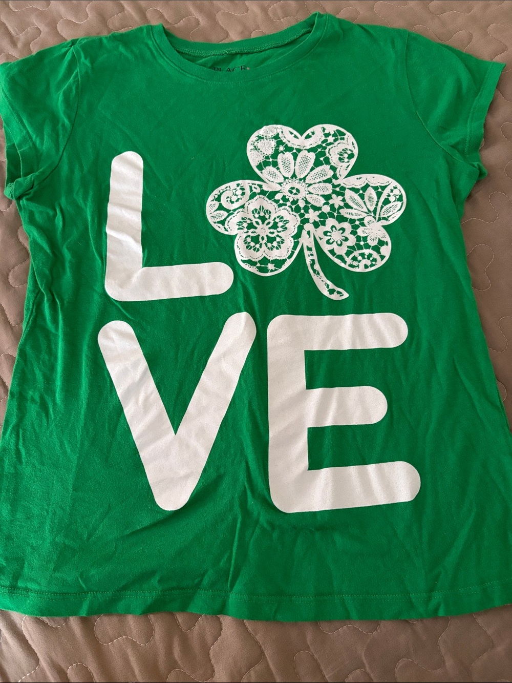 Place Green Tee with White 'LOVE' Shamrock Graphic